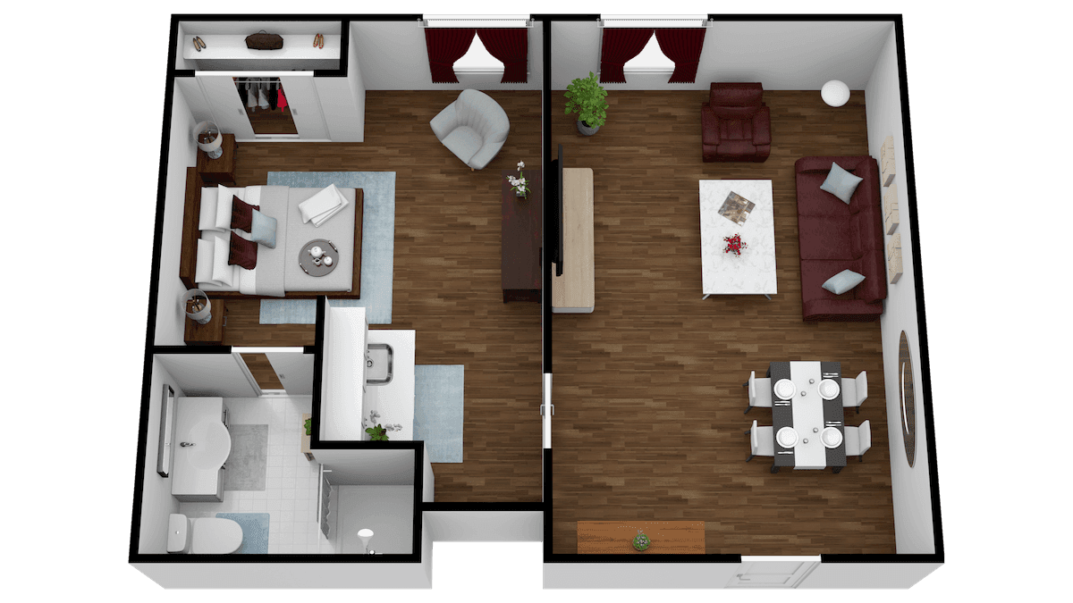 This is a rendering of a Curavistas Highline 1 bedroom apartment