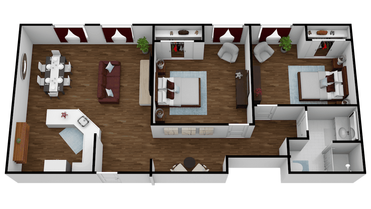 This is a rendering of a Curavistas Highline 2 bedroom apartment