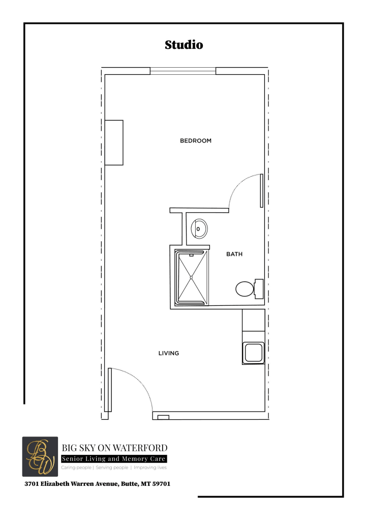 This is a layout of a studio apartment featuring a bedroom, living area, and bathroom at Big Sky on Waterford in Butte, MT.
